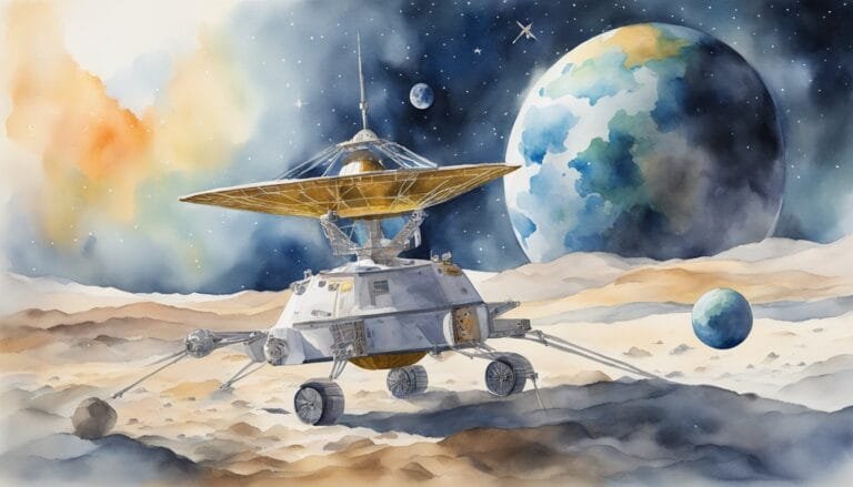 Watercolor illustration of lunar rover on moon surface.