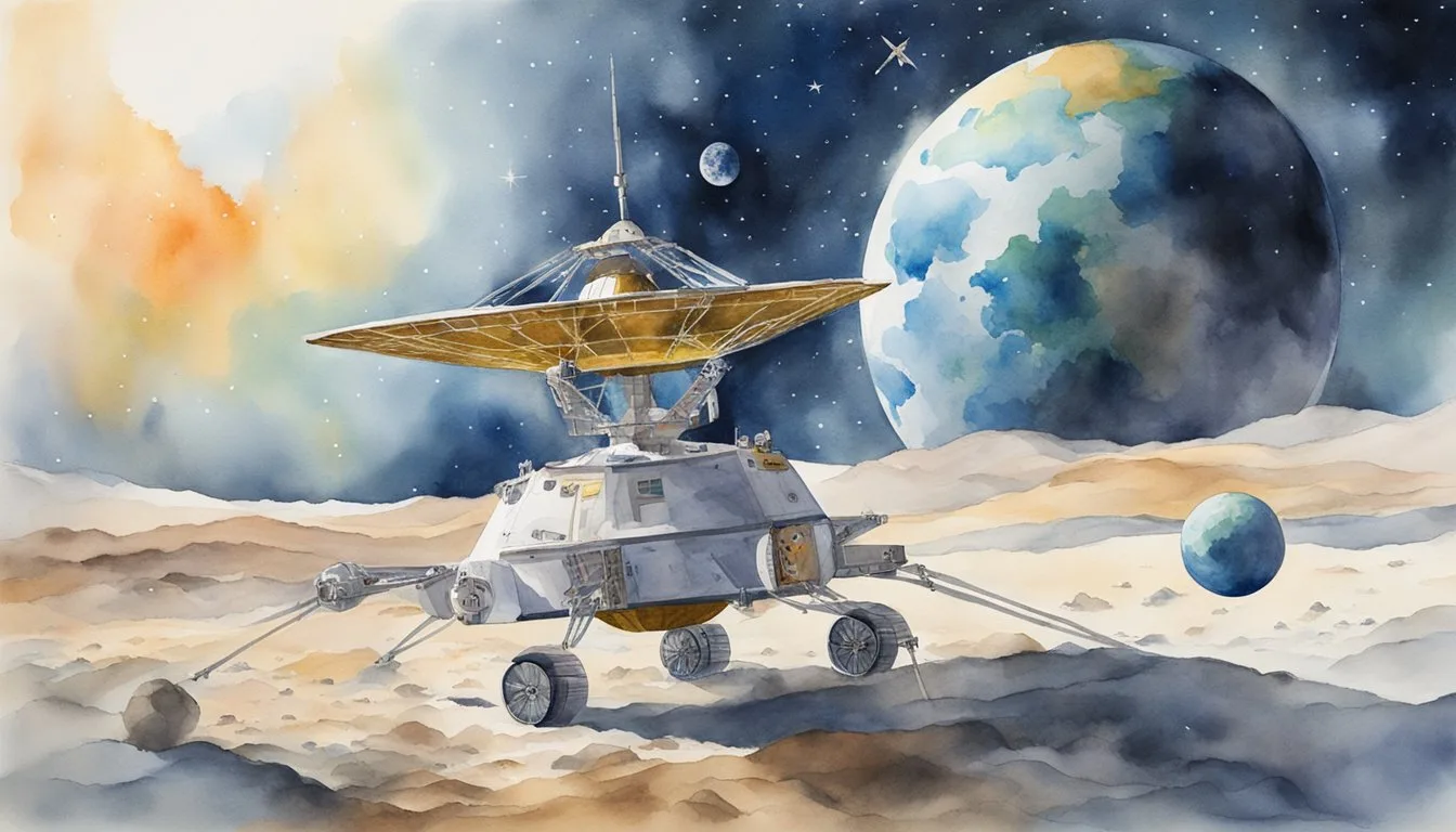 Watercolor illustration of lunar rover on moon surface.