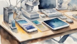 Watercolor of tech devices on a desk.