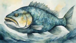 Watercolor painting of a large blue fish.