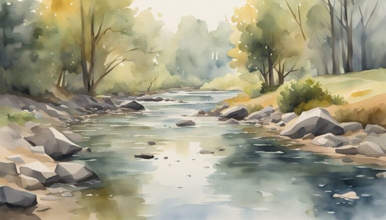 Serene watercolor painting of a forest river scene.