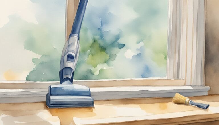 Vacuum cleaner and brush on sunny window ledge.