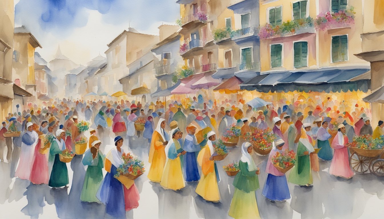 Colorful market scene painting with bustling crowd and flowers.