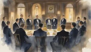 Men in tuxedos discussing around a table in ceremonial room.