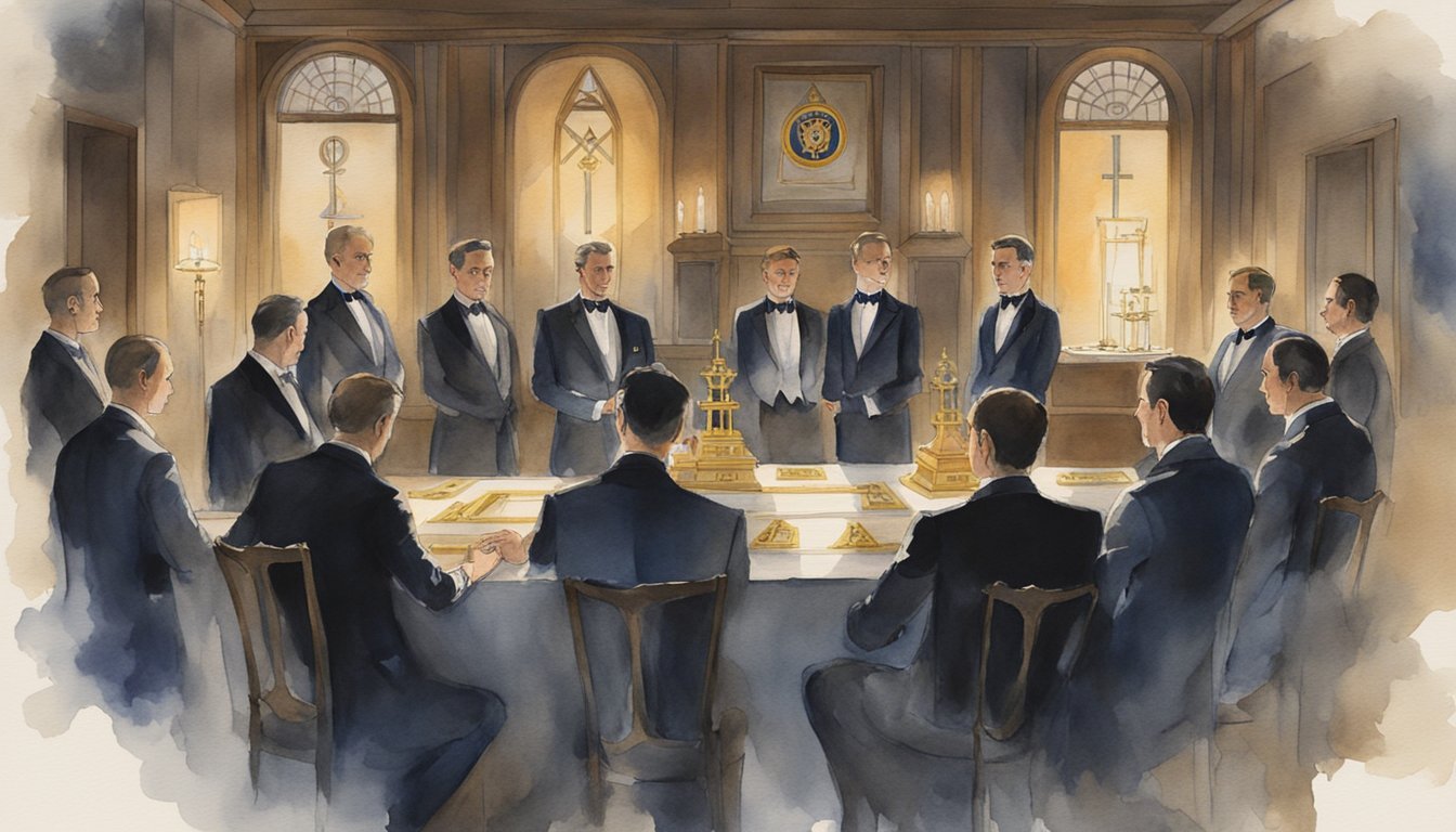 Men in tuxedos discussing around a table in ceremonial room.