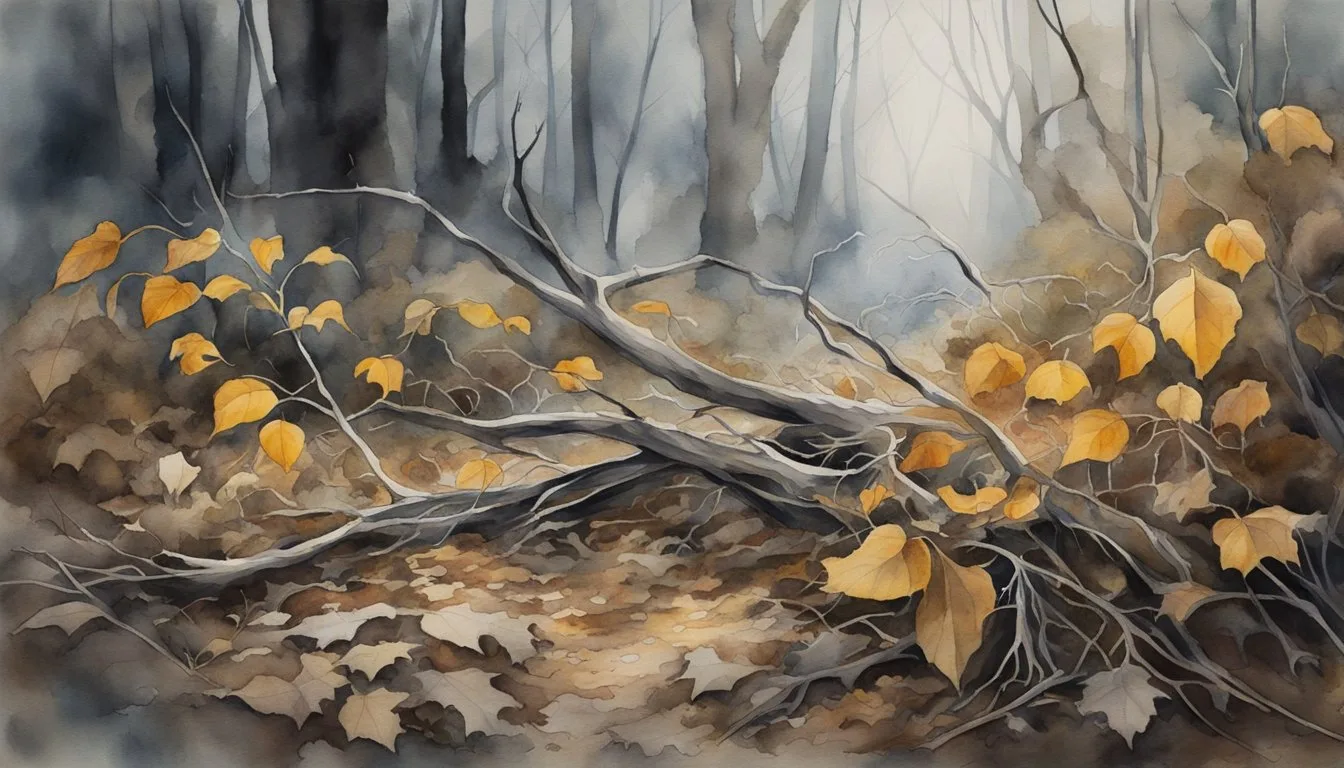 Misty forest watercolor with yellow leaves and fallen branches.
