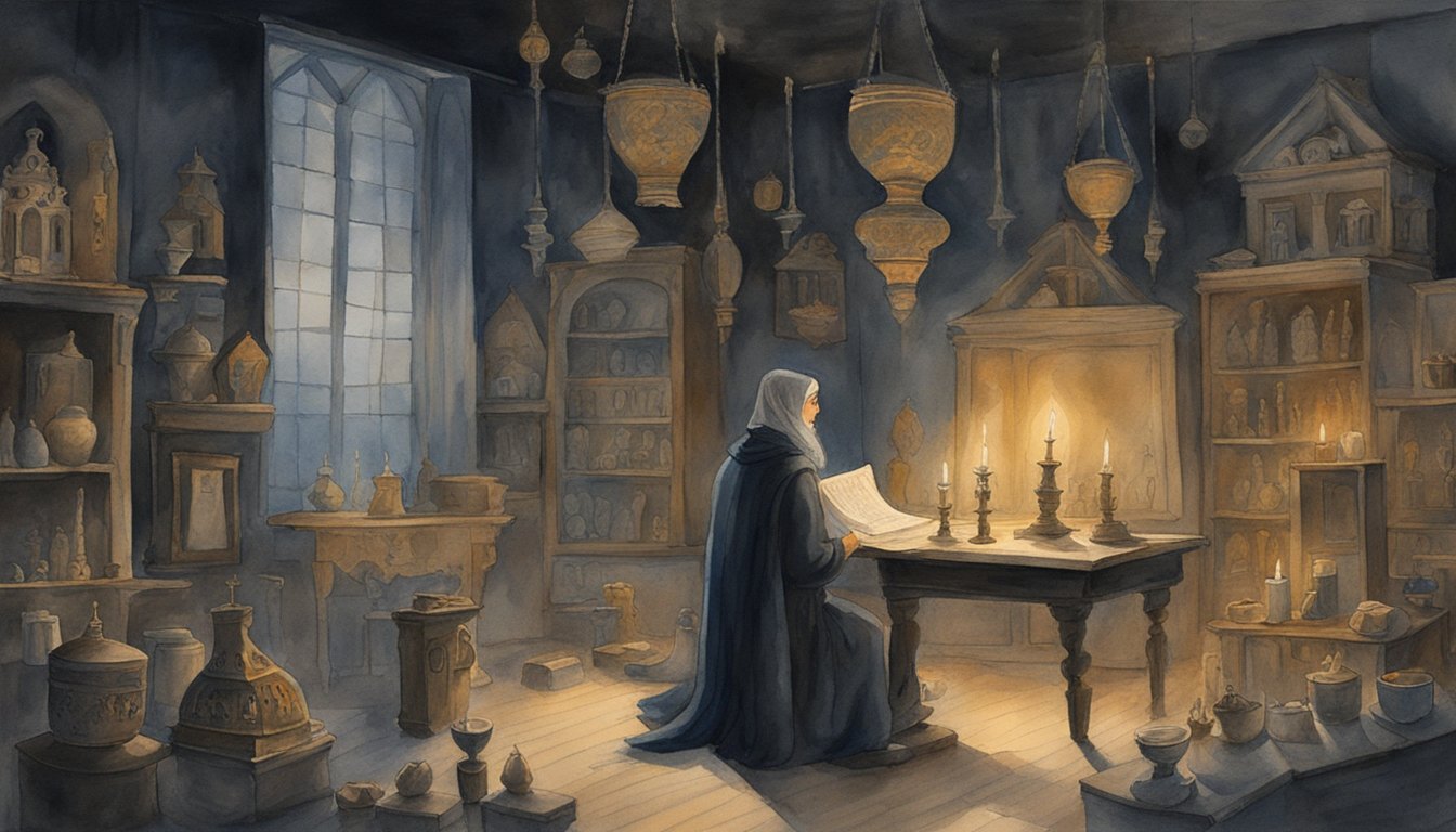 Monk reading in candlelit medieval library.