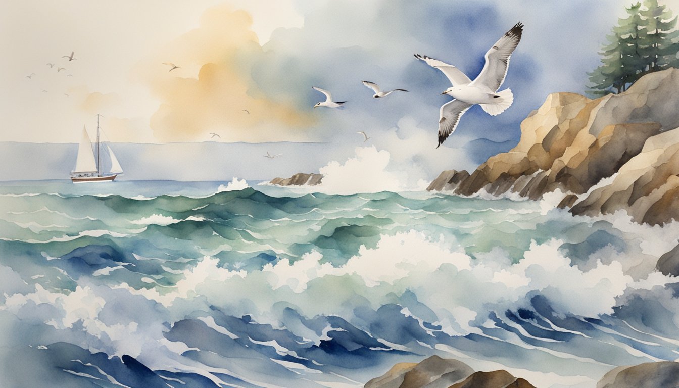 Seascape watercolor with sailing boat and flying seagulls.