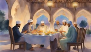 Men dining together in traditional Middle Eastern setting.