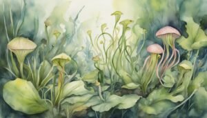 Watercolor painting of whimsical, diverse mushrooms in misty forest.