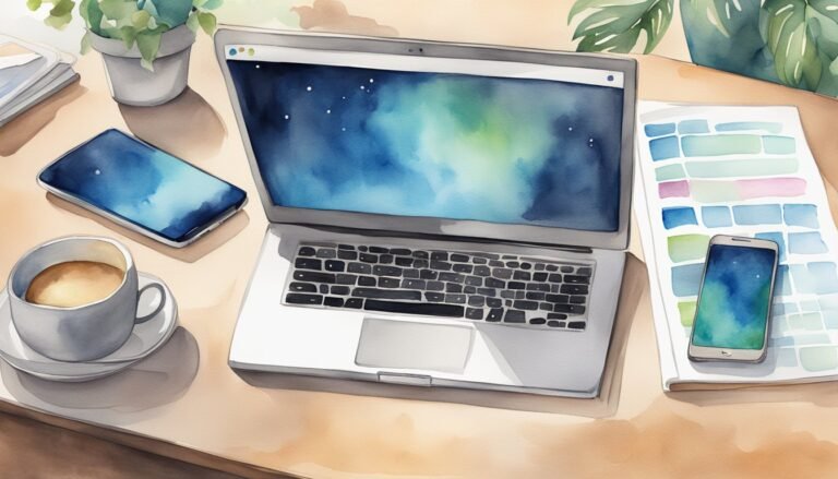 Watercolor illustration of a tech workspace with devices and coffee.