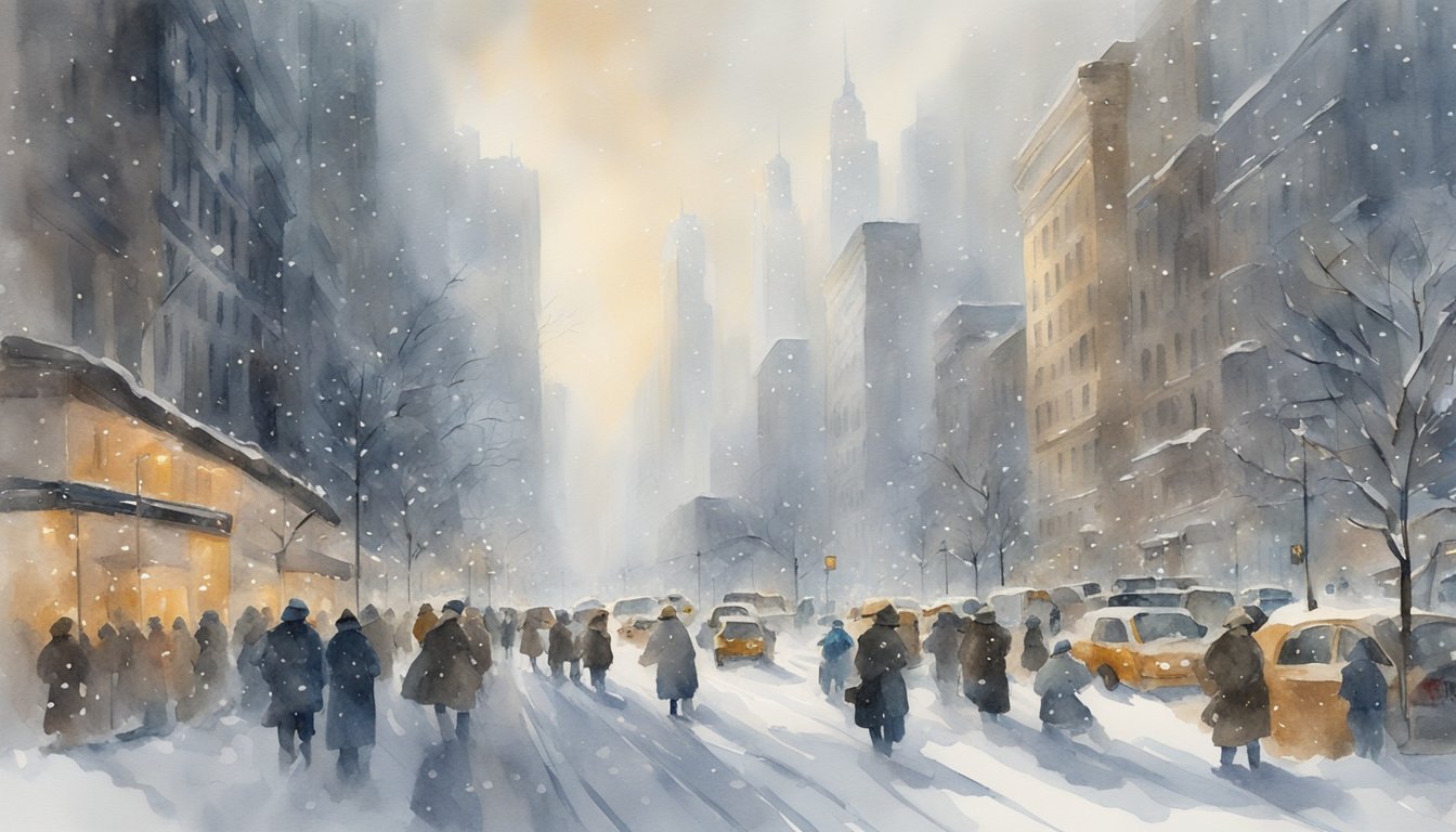 Snowy city street with pedestrians and buildings.