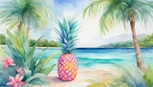 Watercolor tropical beach with pineapple and palm trees.