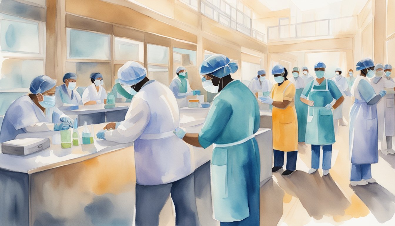 Watercolor of healthcare workers in a laboratory setting.