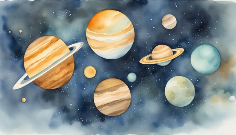 Watercolor illustration of various colorful planets in space.