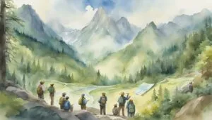 Hikers viewing mountain landscape in watercolor illustration.