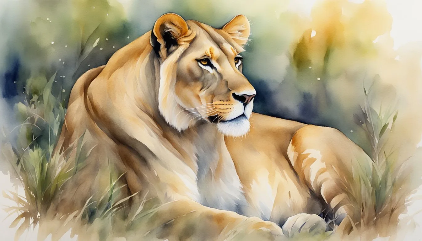 Watercolor painting of a lioness in a grassy field.
