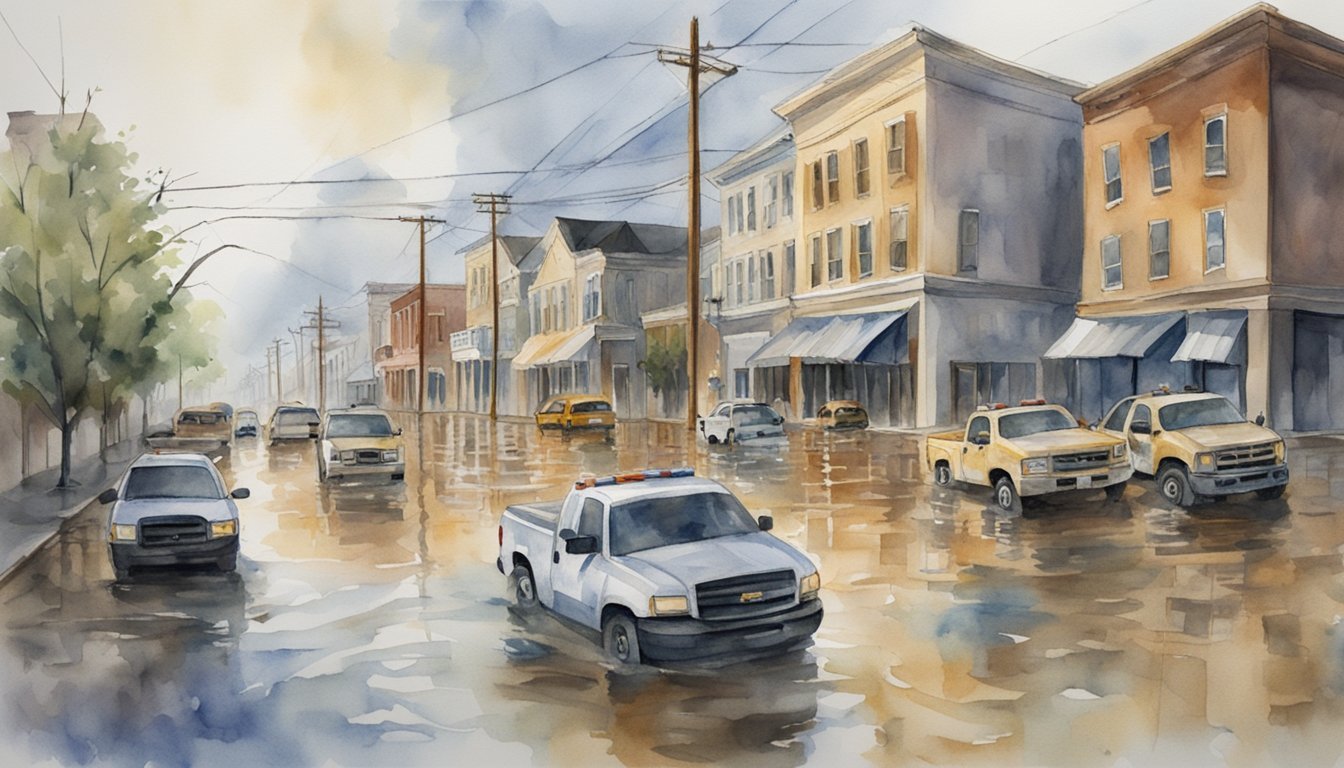 Watercolor painting of a flooded city street with cars.