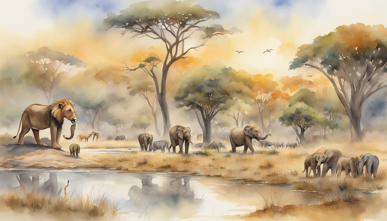 Lion and elephants at sunset in a savanna landscape.