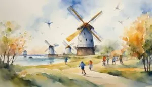 Watercolor painting of traditional windmills and strolling people.
