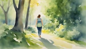 Woman walking on forest path, watercolor illustration.