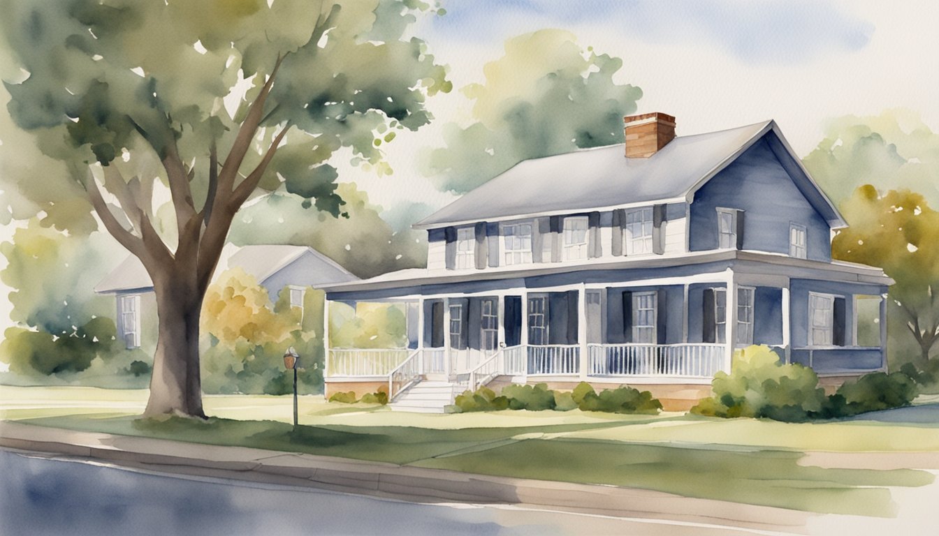 Watercolor painting of a serene blue suburban house.