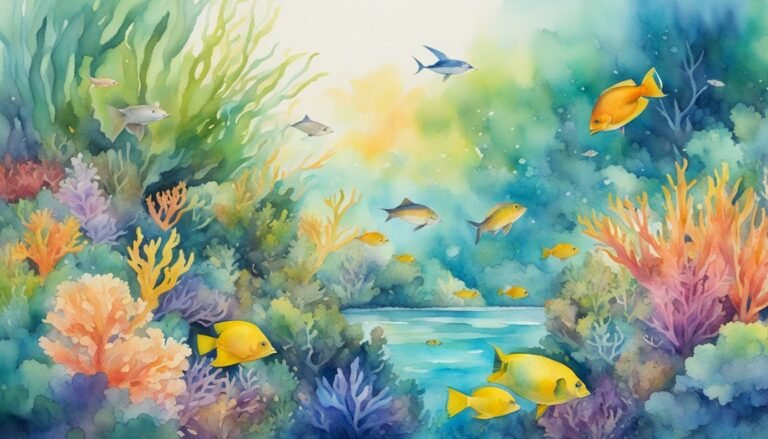 Colorful watercolor coral reef and tropical fish painting.