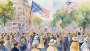 Crowd with American flags at a patriotic rally.