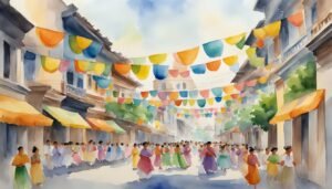 Colorful street festival in watercolor style.