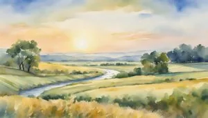 Sunset over meandering river in scenic watercolor landscape.