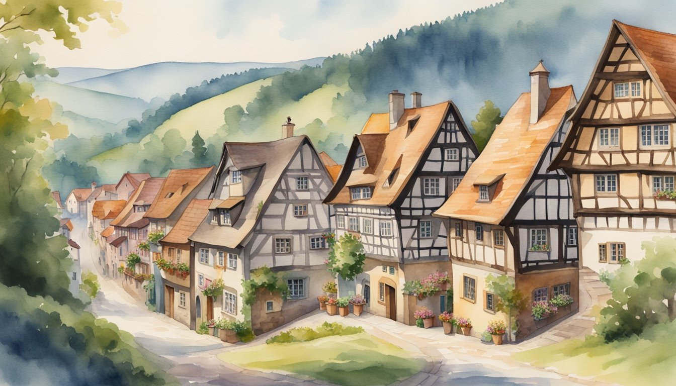 Quaint watercolor painting of European village street.