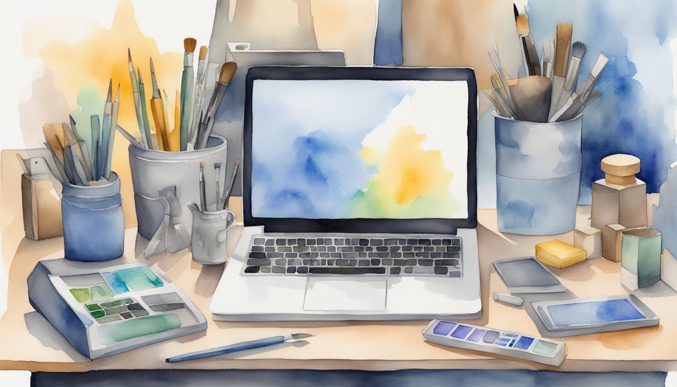 Watercolor illustration of artist's desk with laptop and tools.