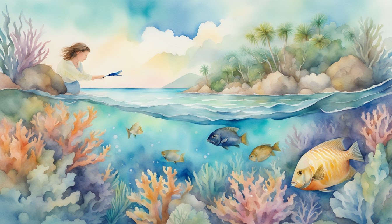 Woman interacting with marine life in colorful coral reef painting.