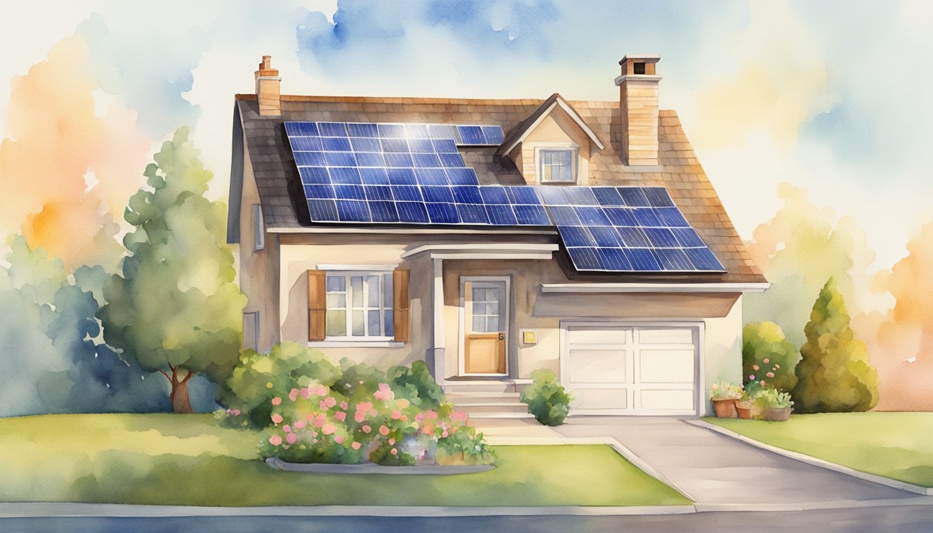 Watercolor of eco-friendly home with solar panels.