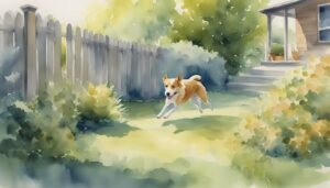 Watercolor of dog running by a fence and house.