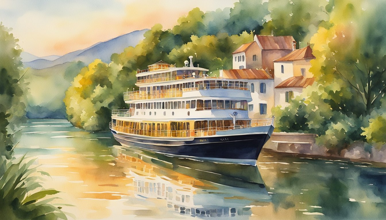 Watercolor painting of a riverboat by lush riverside houses.