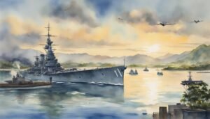 Watercolor of battleship and planes at sunset