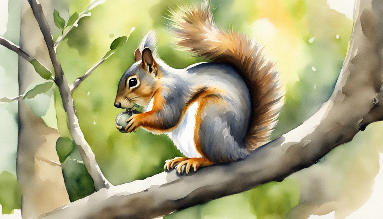 Watercolor painting of squirrel on tree with acorn.