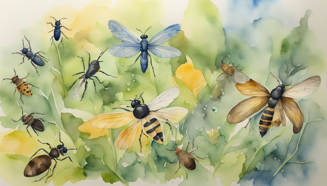 Watercolor painting of various insects on a green background.