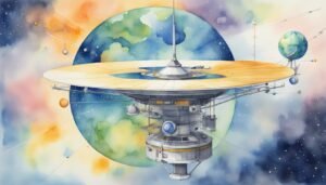 Watercolor space station orbiting colorful planets.