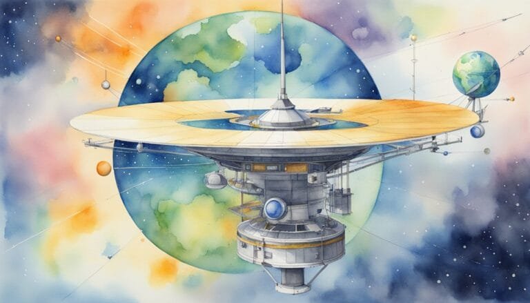 Watercolor space station orbiting colorful planets.