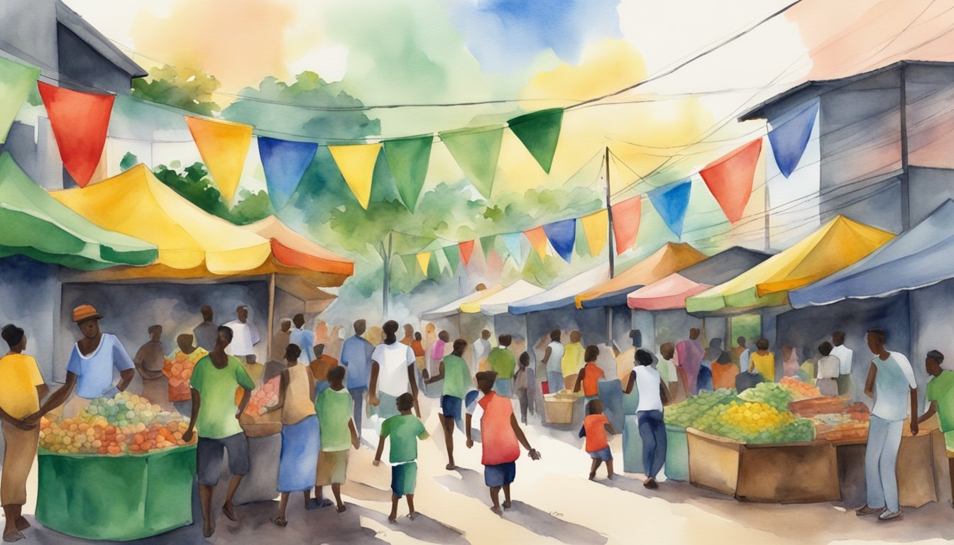 Watercolor of bustling outdoor market with colorful flags.