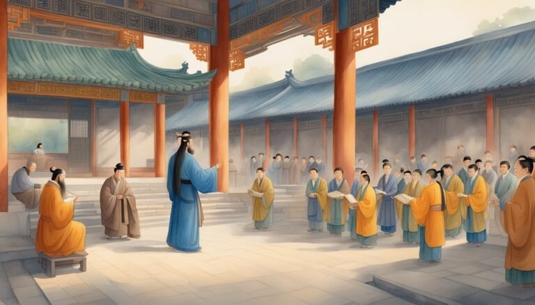 Ancient Chinese scholars discussing in traditional courtyard setting.