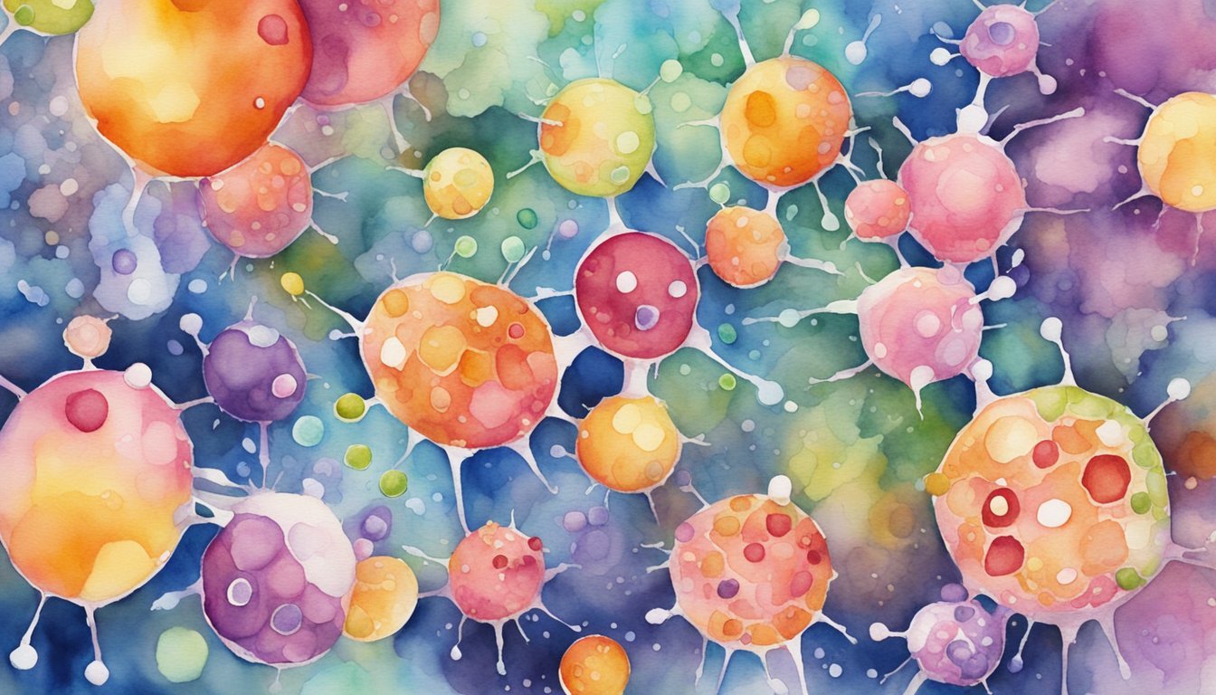 Colorful watercolor painted abstract cells floating on blue background.