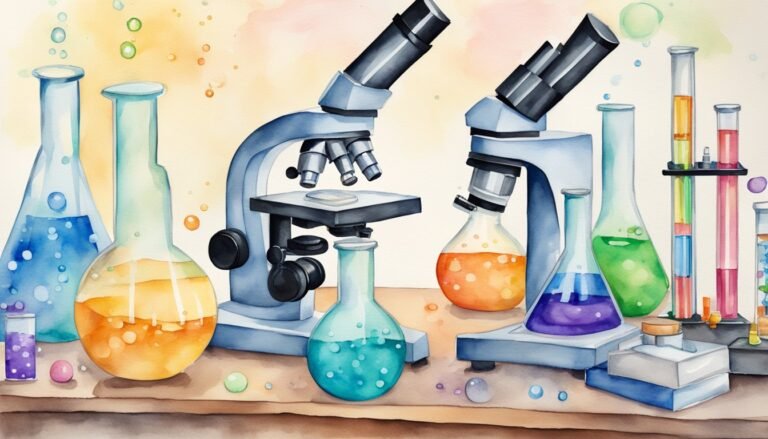 Colorful watercolor illustration of laboratory equipment and bubbling beakers.