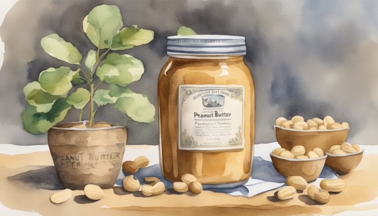 Watercolor painting of peanut butter jar and peanuts.