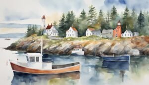 Watercolor painting of serene lighthouse village and boats.