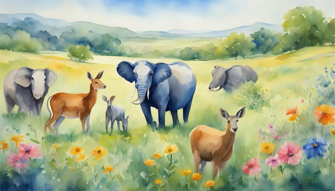 Watercolor painting of diverse animals in vibrant meadow.