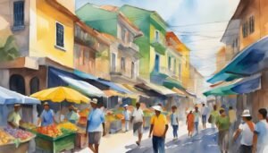 Colorful street market scene in watercolor painting.