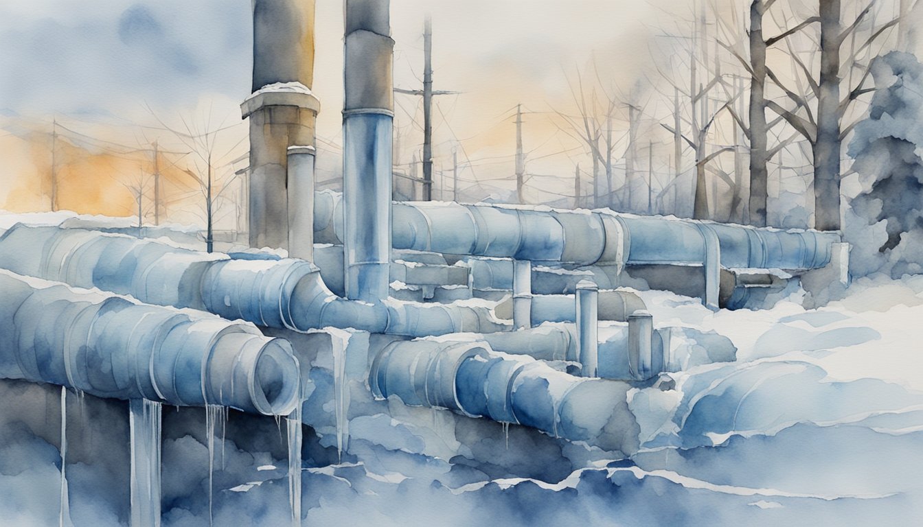 Snow-covered industrial pipes in a watercolor painting.